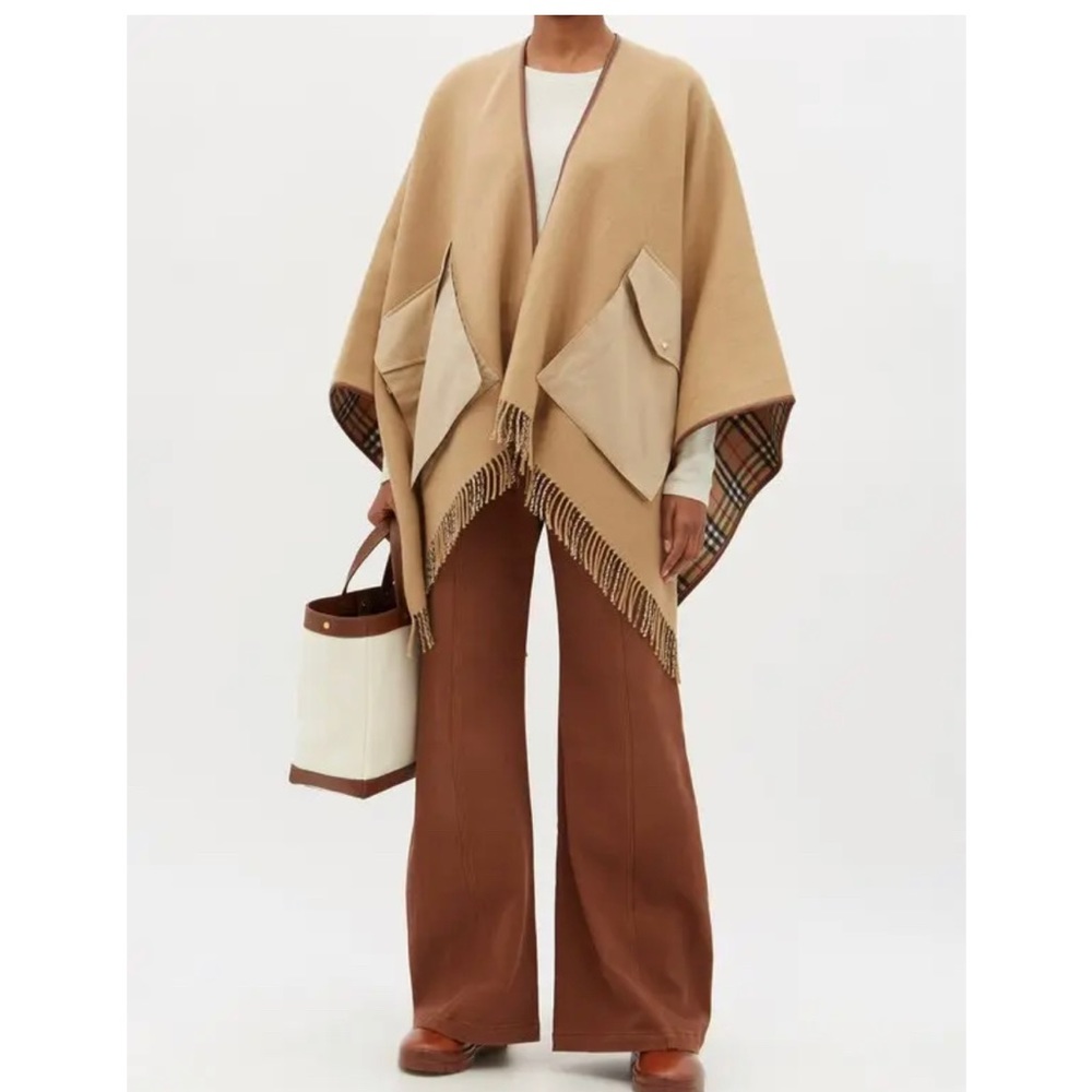 Burberry NWT “Charlotte” Cashmere Blend Fringed Cape Leather Trim